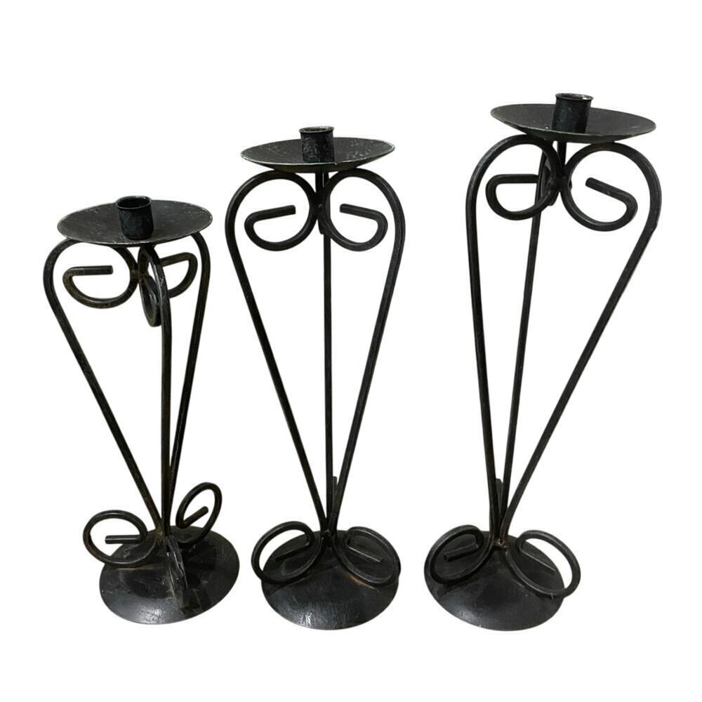 VINTAGE FRENCH COUNTRY PILAR CANDLE STICK‎ DECOR SET OF 3 IRON BOHO GRUNGE